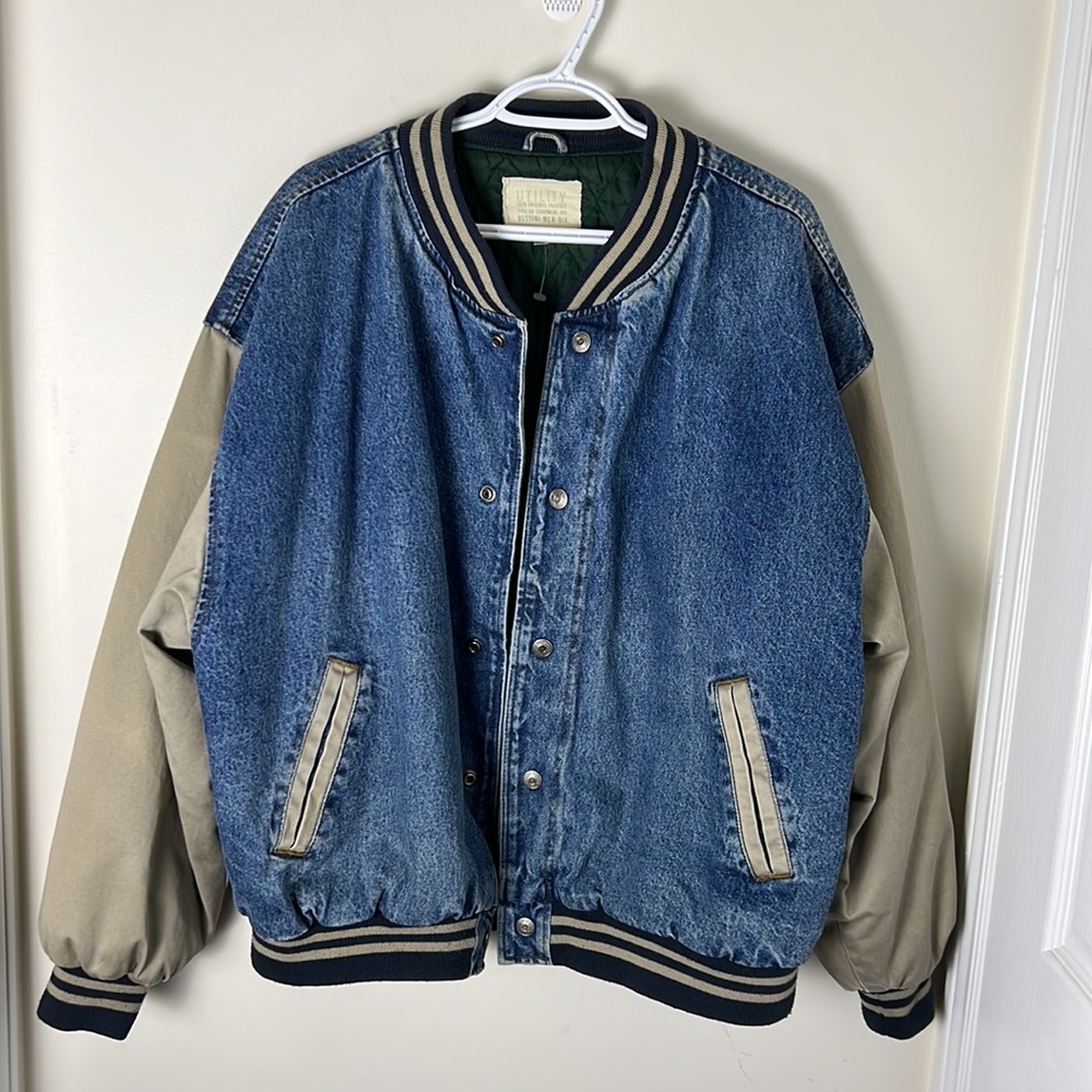 Vintage Boyfriend Guilted lined Denim Utility Varsity Patchwork Jacket Size XL